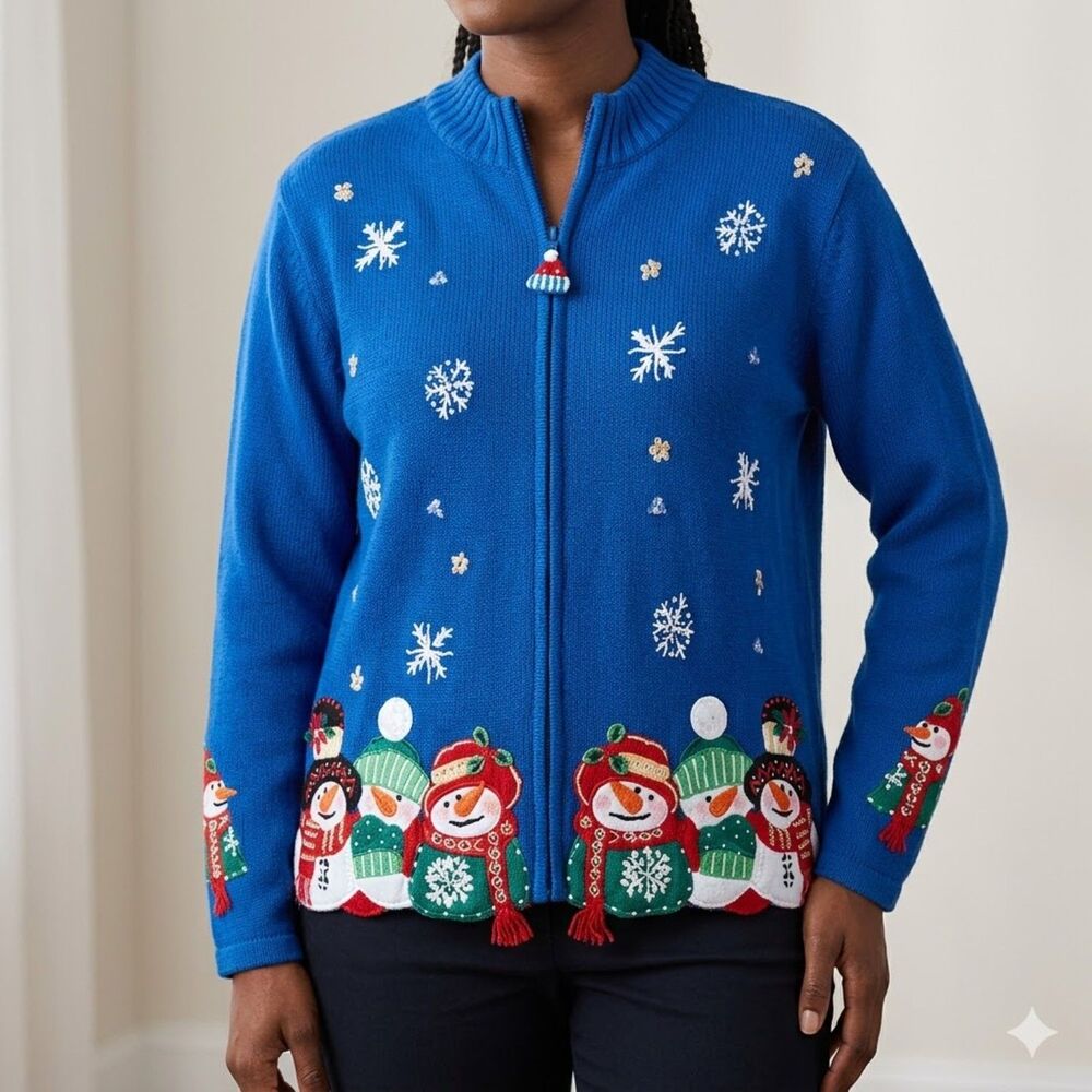 Tiara International Cardigan Sweater Womens Medium Blue Christmas Snowmen Ugly